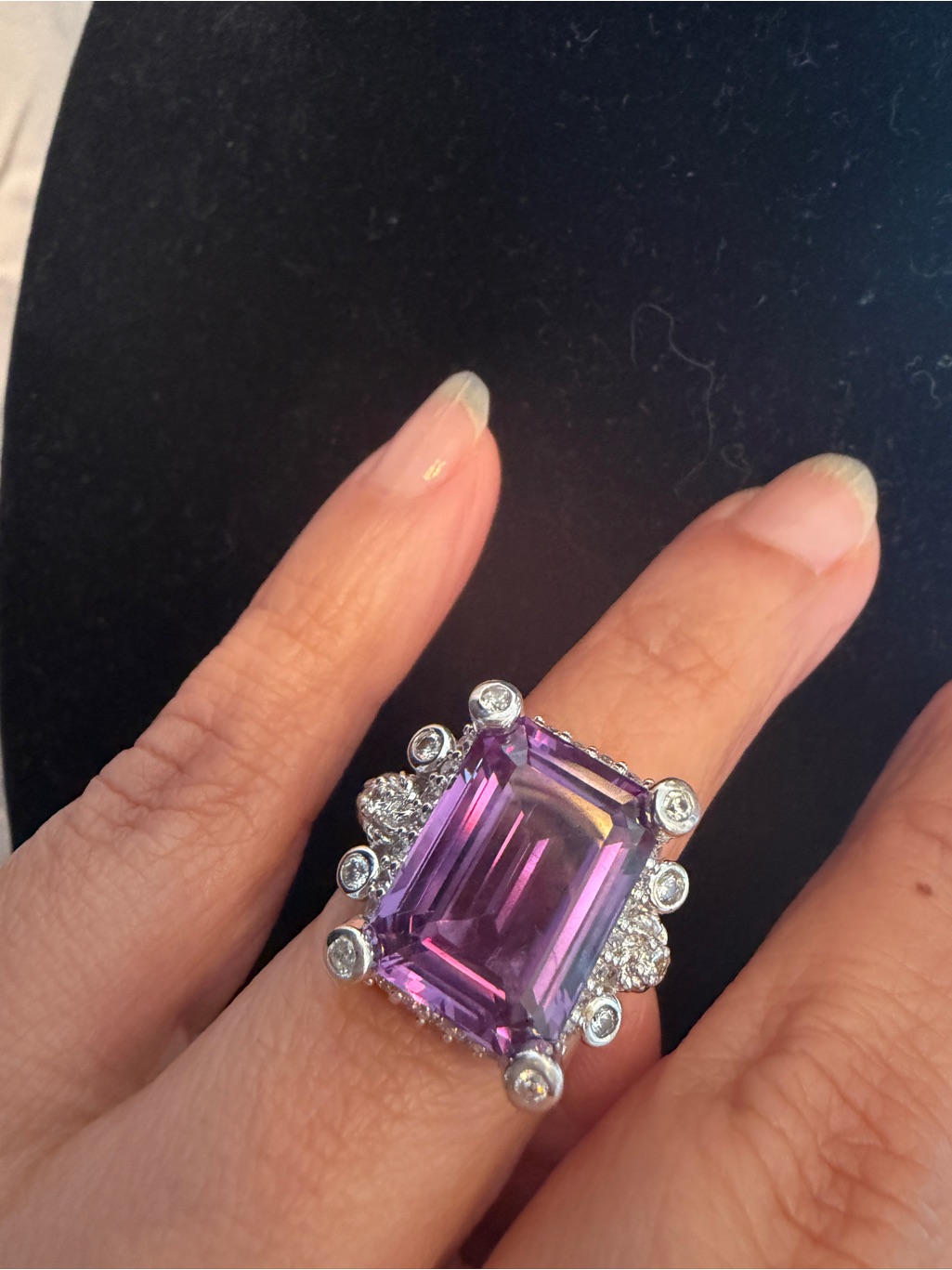 Judith Ripka Sterling Silver Emerald-Cut Amethyst & Diamonique Ring Size 7